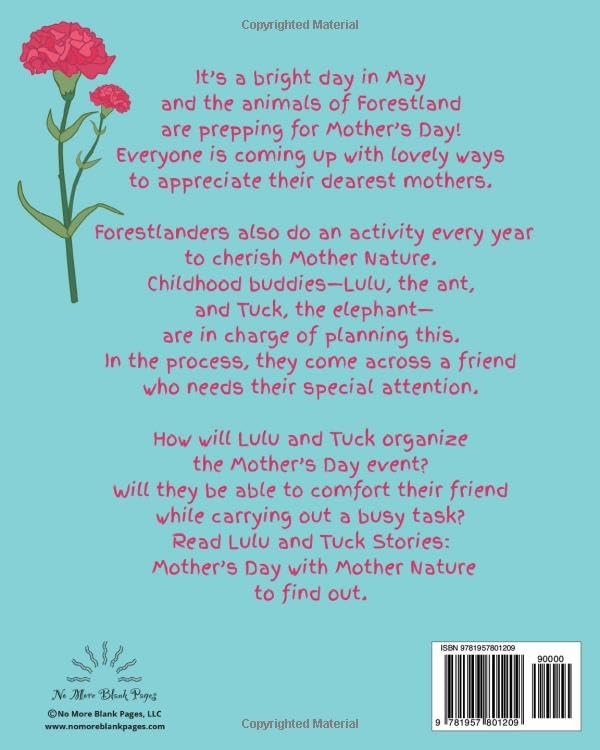 Lulu and Tuck Stories: Mother’s Day with Mother Nature 1 Back cover of Lulu and Tuck Stories: Mother’s Day with Mother Nature showing the story summary by No More Blank Pages.